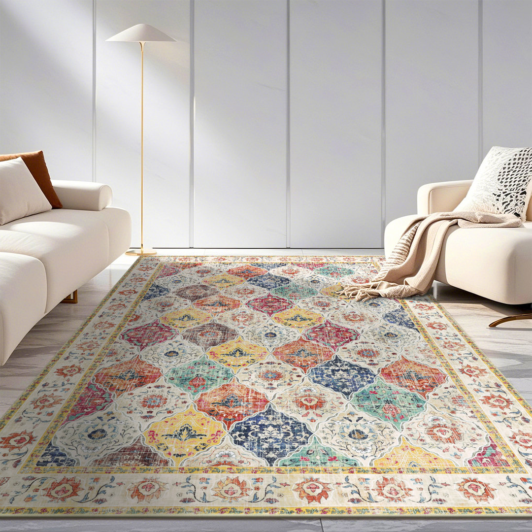 Machine Washable Non-Slip Oriental Area Rug Beige/Yellow/Orange Bungalow Rose Rug 