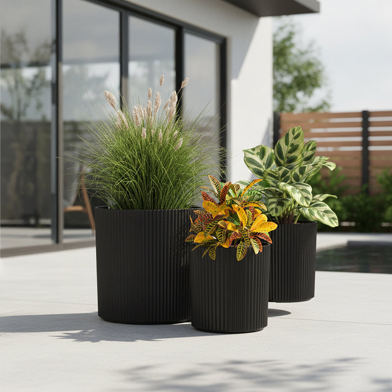 Byron Ribbed Round Planter - Set of 3 (10in, 12in, and 14in), Black