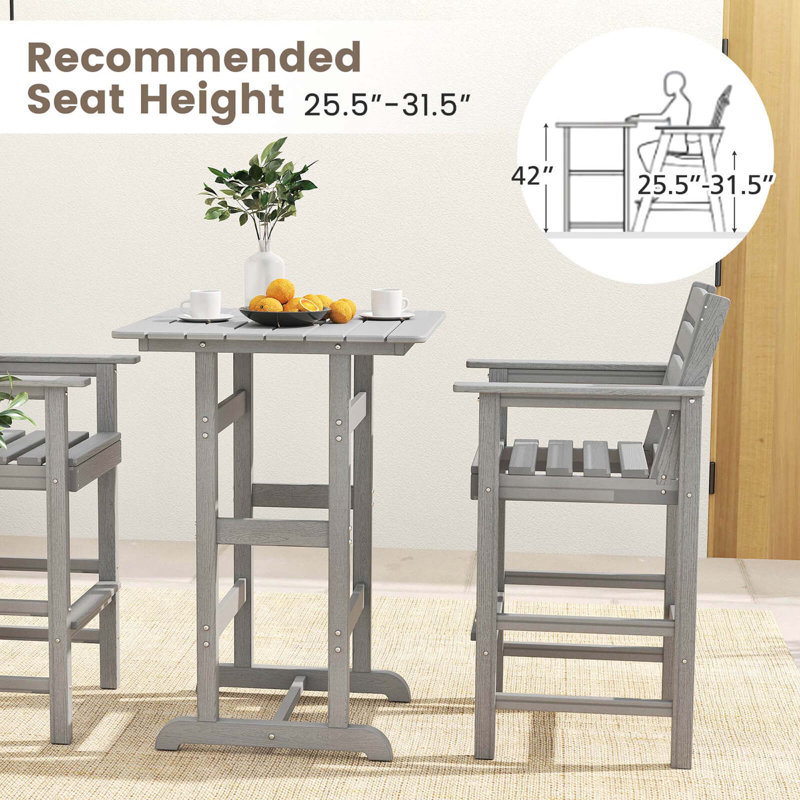 3-Piece Patio HDPE Bar Set Armchairs with Square High-Top Table Footrest Backrest , Gray