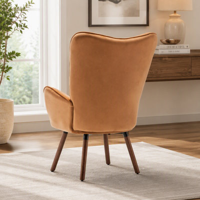 Mid-Century Modern Wingback Accent Chair, Button-Tufted Polyester Fabric Armchair with Solid Wood Splayed Legs for Living Room Bedroom Home Office