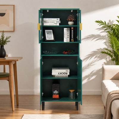 Tall Storage Bookcase With 2 Glass Display Door & 2 Doors, Tall Kitchen Pantry Cabinet With Gold Handles
