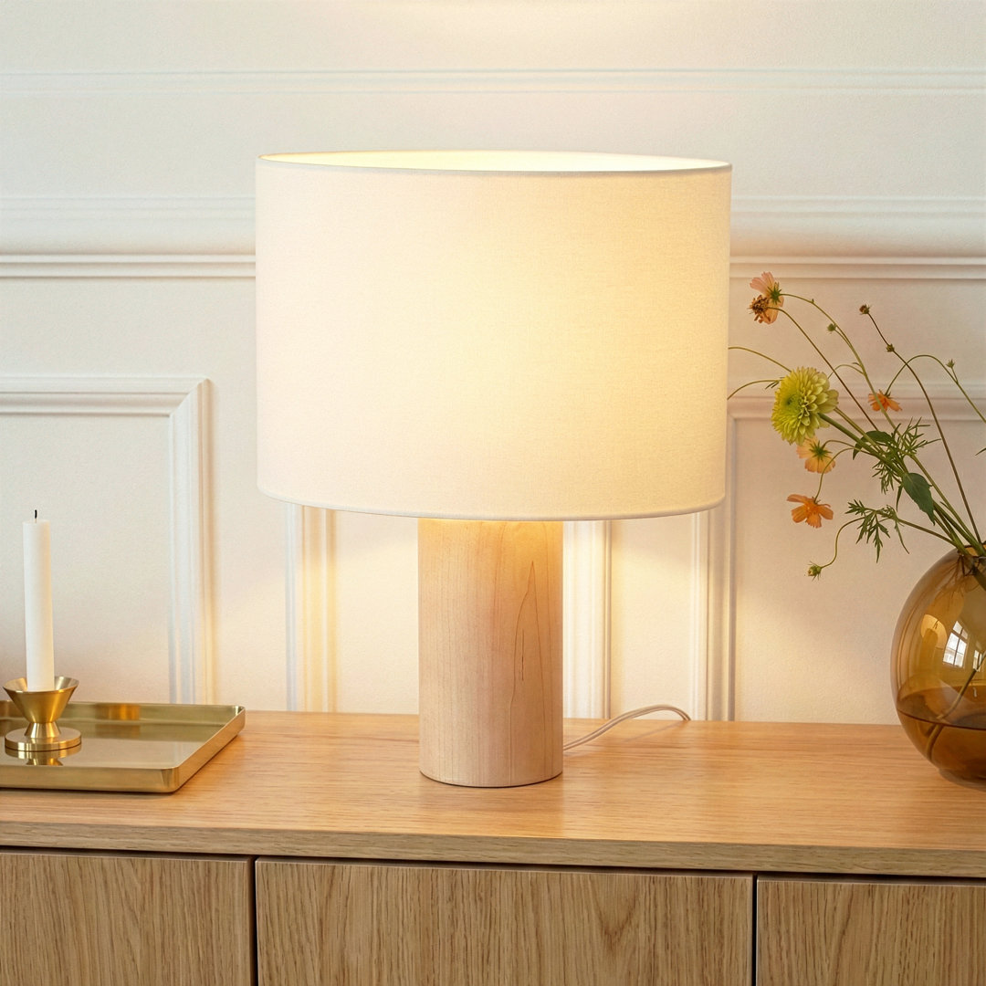 Mia 15.75" Midcentury LED Table Lamp With Natural Maple Wood Base and Fabric Shade Brightech