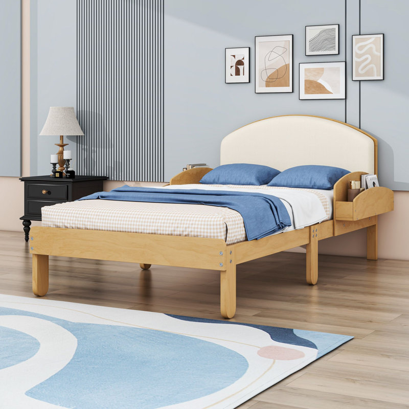Lit plateforme tapissier avec tête de lit et tablettes latérales, Lit simple, Naturel