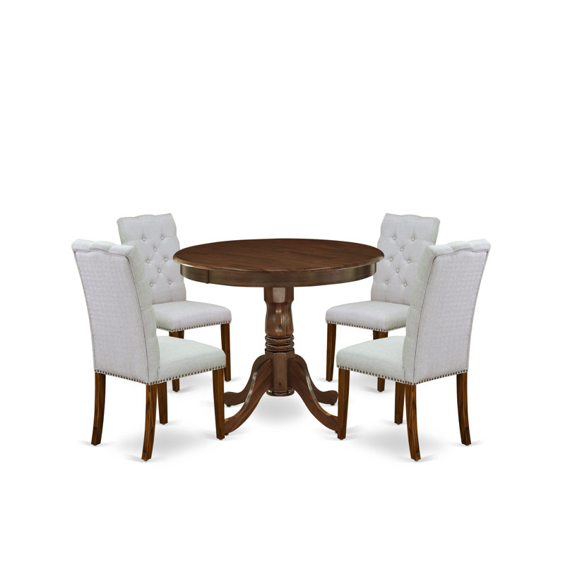 Ensemble de table de salle à manger moderne 5 pièces comprenant une table de salle à manger ronde avec piédestal et 4 chaises Parson, noyer antique