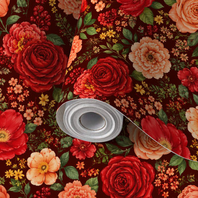 Papier peint à peler et coller, papier peint, bouquet floral rétro, fleurs roses rouges, auto-adhésif et amovible 24 po x 118 po (60 x 300 cm)