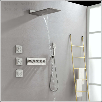 Wall Mounted Waterfall Rain Shower System with 3 Body Sprays and Handheld, Brushed Nickel