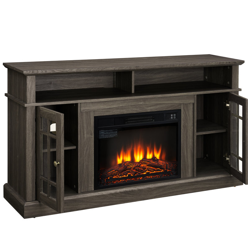 Meuble audio-vidéo compatible 65 po, noyer foncé / noir, console multimédia à 5 découpes avec foyer de 23 po, rangement polyvalent