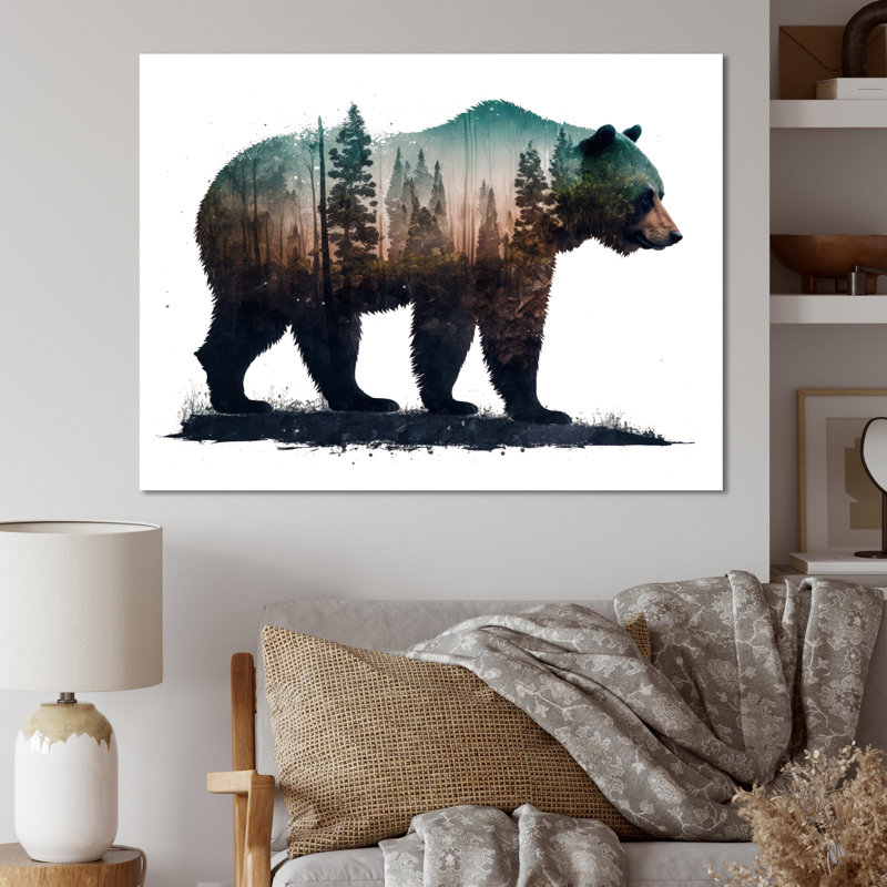 Double exposition d'un ours avec forêt II - décoration murale moderne en métal, H 34 po x l 44 po