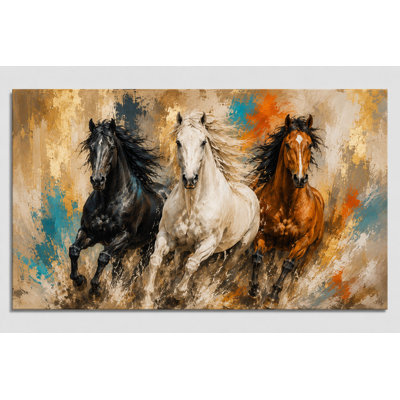 Reproduction d'art sur toile, trois grands chevaux qui courent, œuvre d'art équestre abstraite, décor de ferme Western Ranch pour salon, bureau de chambre à coucher, impression sur toile 24 x 36 pouces - prête à être accrochée