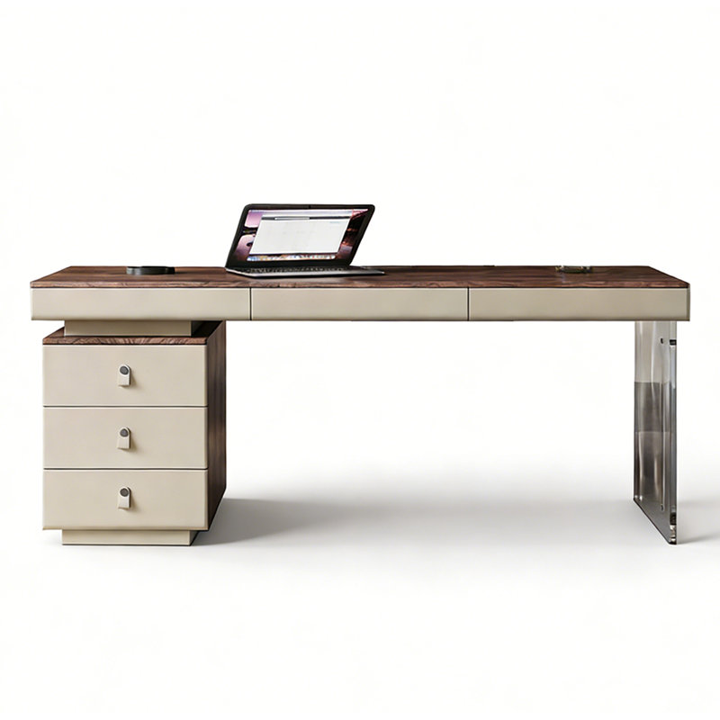 Bureau pratique à 6 tiroirs avec pieds en acrylique et boîte à câbles cachée, H 29,5 po x l 63 po x P 27,6 po