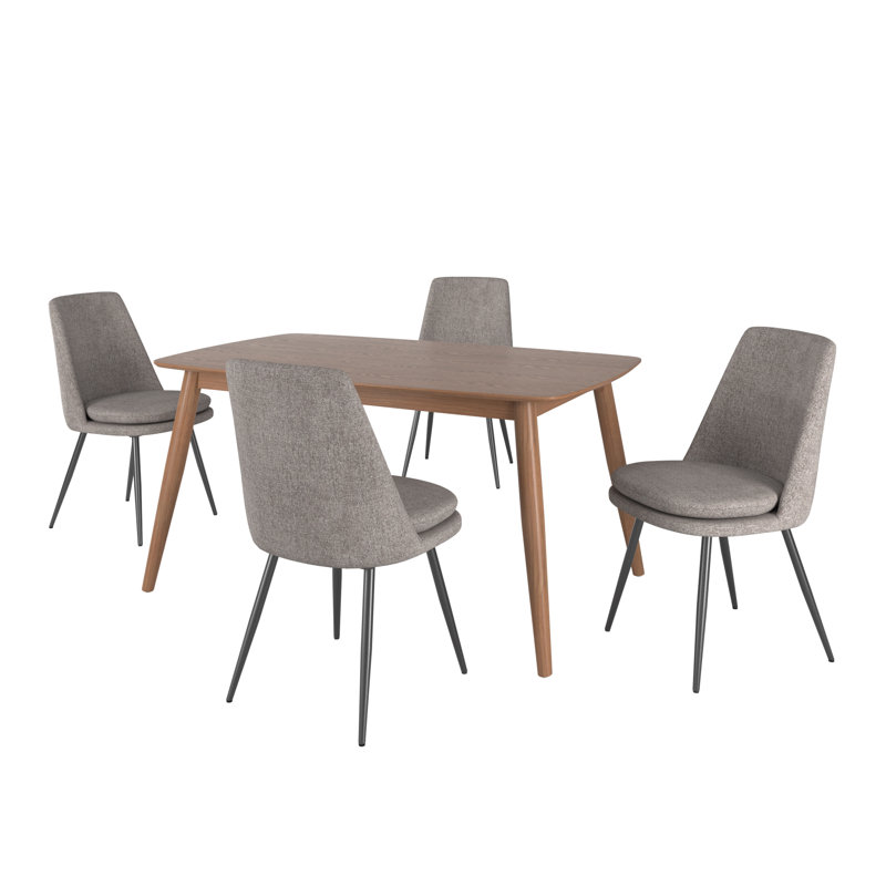 Fairfield Mid-Century Modern Tapered Dining Set, Chenille Fabric, 59" Dining Table And 4 Chairs, Dark Walnut, Dark Gray