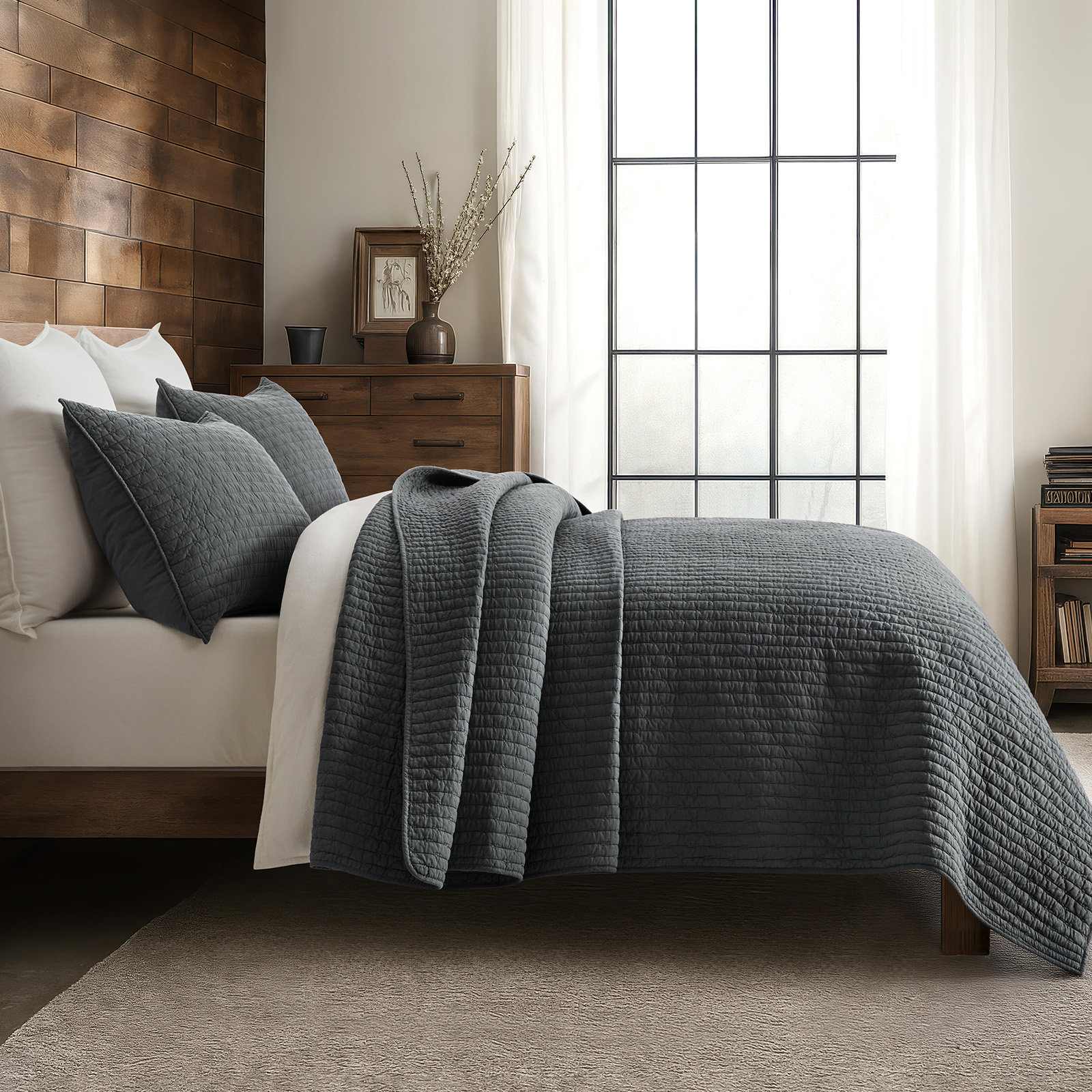 Cotton Quilt Set, King + 2 Shams, Charcoal Black