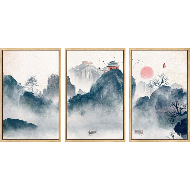 "Abstract Landscape", peinture à l'encre sur toile, 3 pièces, H 36 po x l 72 po x P 1,5 po, Naturel