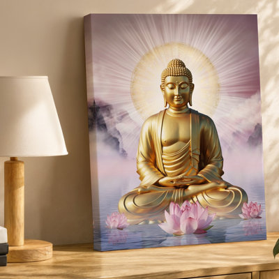 Toile, statue dorée sereine de Bouddha assis dans un art mural méditatif, posant doucement les mains sur les genoux entourées de délicates roses, art sur toile
