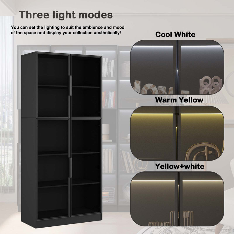 Display cabinet With  Glass Doors and LED lights, Black