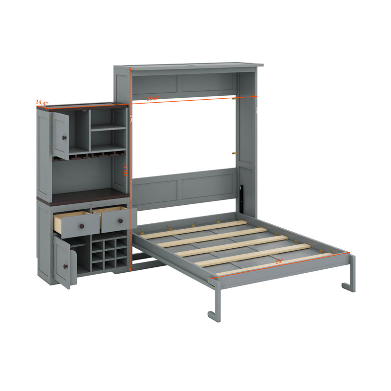Grand lit escamotable avec armoire, support à vin, porte-verre, tiroirs et bande DEL multicolore, Gris