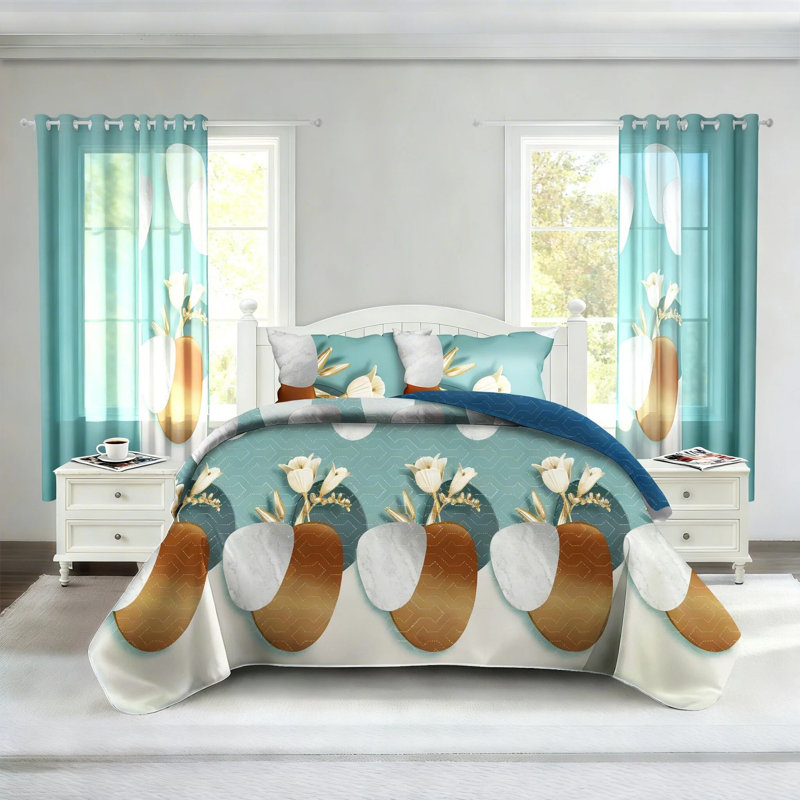 Queen Size 9-Piece Teal & Gold Floral Vase Bedding & Curtain Set (Queen) - Quilted Microfiber Bedspread + Sheer Drapes