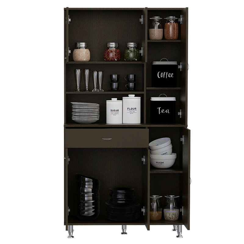 Armoire de cuisine, deux tablettes ouvertes, un tiroir, plusieurs armoires, Noir mat