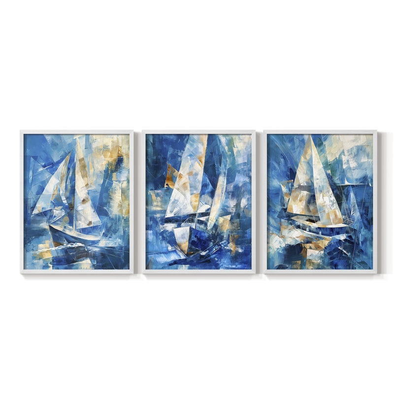 Série Sea and Shore - Ensemble de 3 estampes numériques encadrées - Prêt à être accroché, Blanc, H 28 po x l 66 po