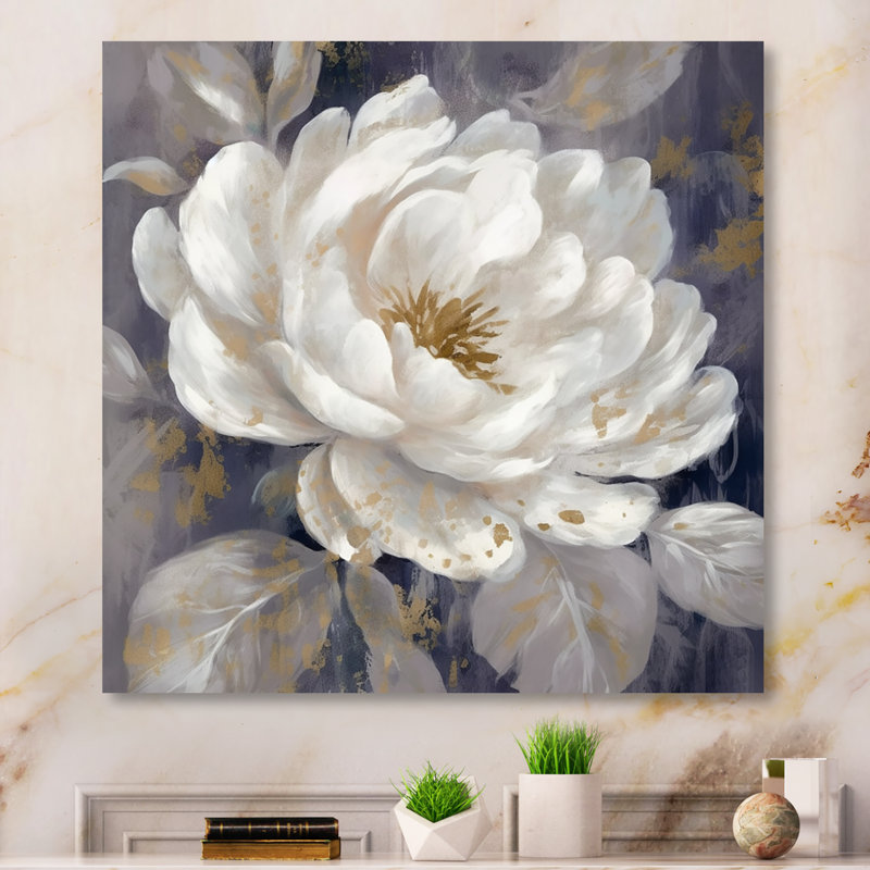 Émotion de pivoine blanche et bleue III sur impression métallique, H 23 po x l 23 po x P 1 po