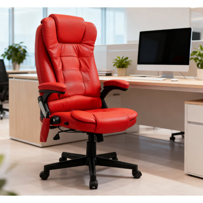 Chaise de bureau inclinable chauffante avec 6 points de vibration, extensible à 120 degrés, siège réglable, rembourré et poche latérale pour télécommande, rouge