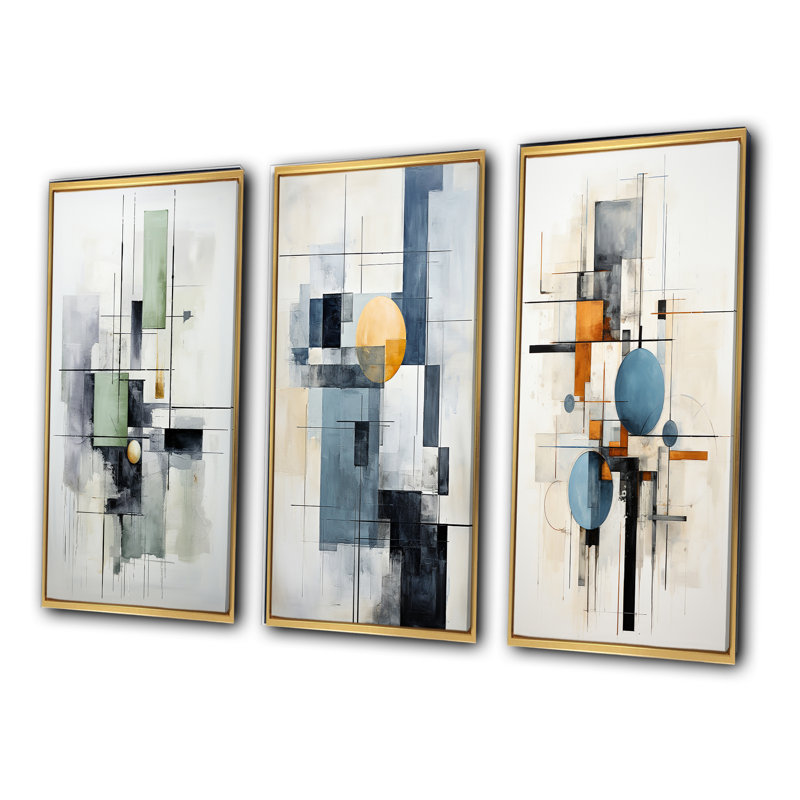 «White Blue Suprematism Harmonious Convergence», 3 pièces sur toile, Encadrement doré, H 32 po x l 48 po