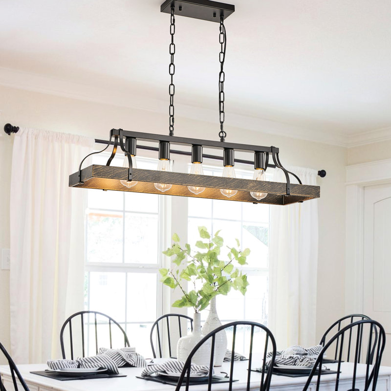 Luminaire suspendu vintage en or noir 34 pouces - 5 douilles E26, chaîne réglable pour le salon, la cuisine et la salle à manger