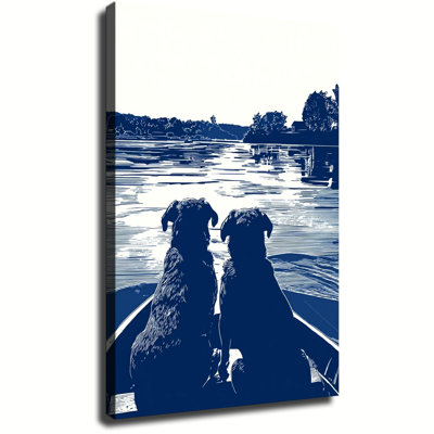 Deux chiens assis dans un bateau regardant la rivière, linogravure, grande toile tendue sur châssis, impression d'art mural pour salon ou chambre