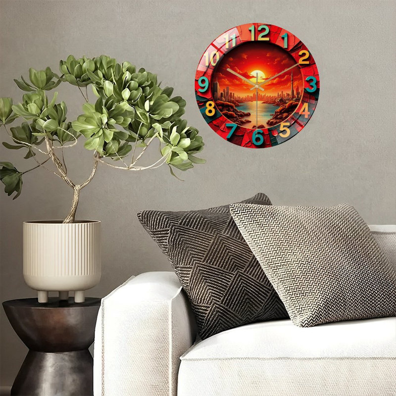 Sunset View Wall Clock Art Decor with Cities Art - 12'' Modern Glass Wall Clock