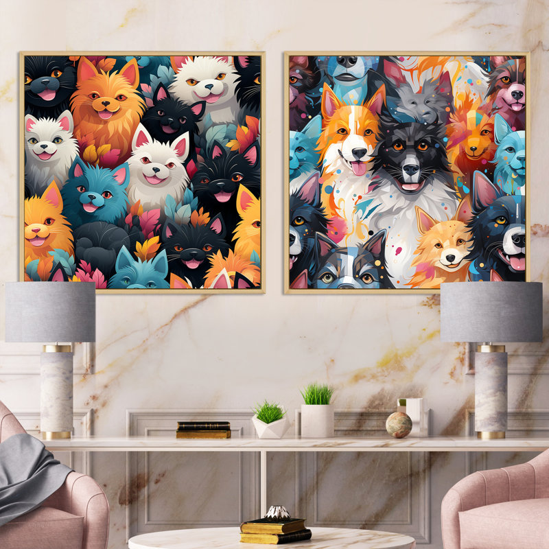 Motif de chien ludique pour chambre d'enfant - ensemble de 2 animaux carrés, Cadre flottant brun, H 36 po x l 73 po