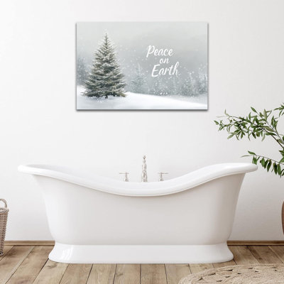 Art mural sur toile grand paysage de forêt hivernale, impression vintage de pin enneigé Peace on Earth, art sur toile de Noël, décoration murale des Fêtes, prêt à accrocher 28 po x 40 po, 36 po x 48 po