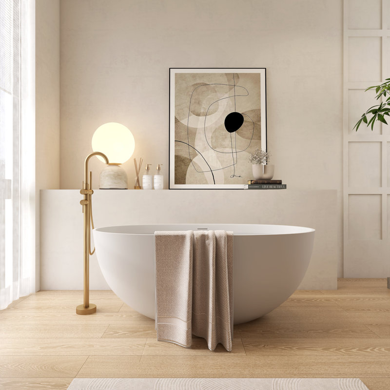 55.11'' Freestanding Soaking Bathtub Solid Surface Stone Resin Freestanding Tub, White