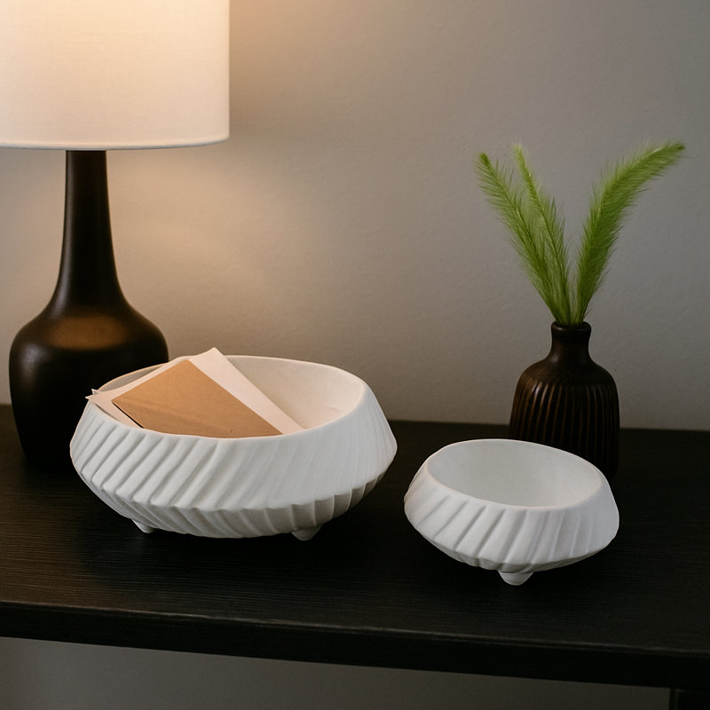 Stylish Footed Decorative Bowl with Ribbed Texture - Modern Accent Bowls for Stylish Home Decor or Bookshelf Styling - Set of 2, 15", 11"