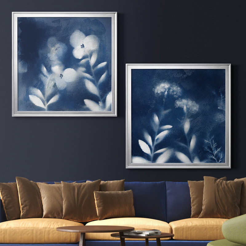 «Nature's Indigo I», ensemble de 2 reproductions d'art encadrées, Toile avec cadre argenté, Pas de tapis