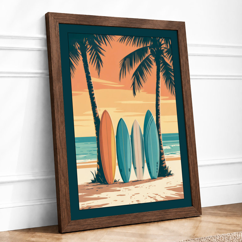 Surfboards at Sunrise Coastal - Framed Print, A3 - 42.0 x 29.7 cm, Walnut