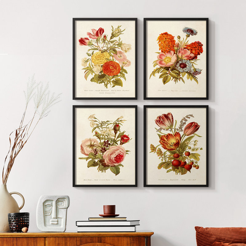 «Antique Floral Bouquet I», ensemble de 4, H 20 po x l 16 po, Noyer
