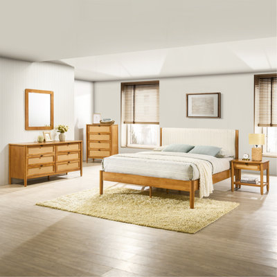 Vichy 5-Piece Bedroom Set With Corduroy Upholstered Queen Bed, Dresser, Mirror, Nightstand, And Chest