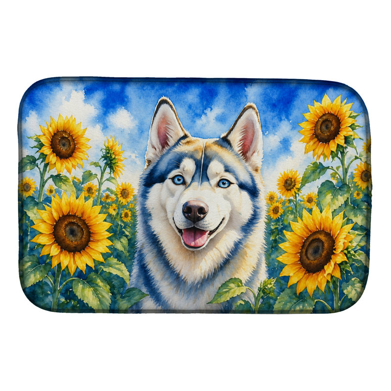 Tapis de séchage Husky sibérien dans un tournesol, Siberian Husky 6163