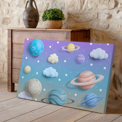 Toile, une scène cosmique fantaisiste mettant en vedette une variété de planètes dans un art mural aux teintes pastel douces, y compris des roses, des roses et des crèmes