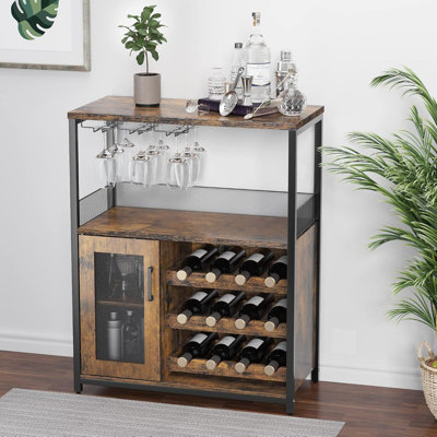 Wine Bar Cabinet with Detachable Rack, Glass Holder & Mesh Door, 3-Tier Storage for Kitchen Dining Room by 17 Stories