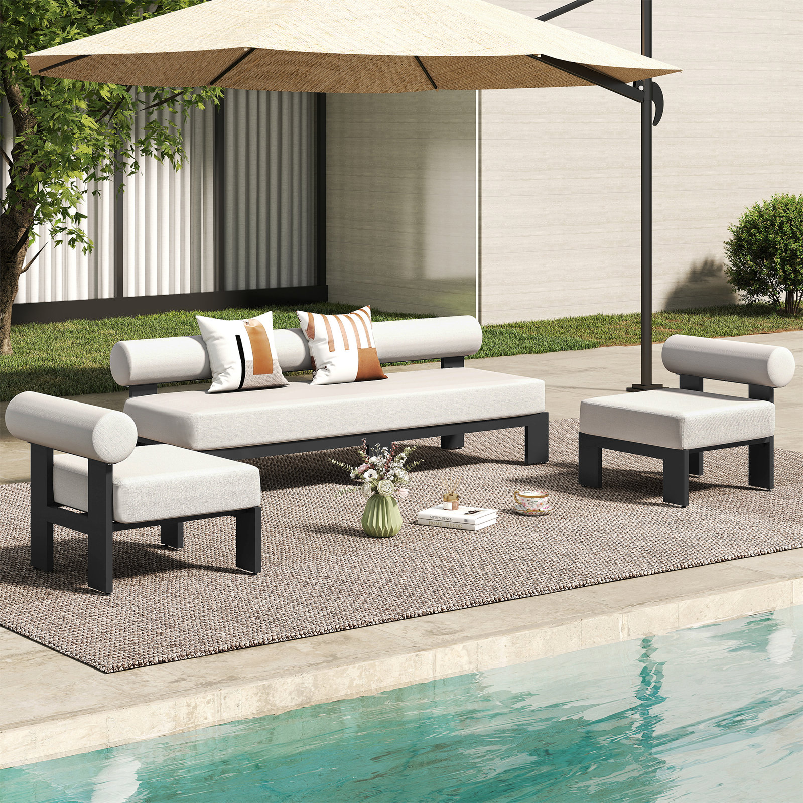 Chaz 3 Piece Black Aluminum Bolster Back Patio Conversation Set with Cushions