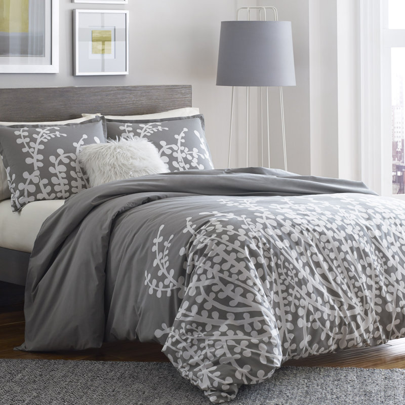 Ensemble d'édredon réversible en coton City Scene Branches, Édredon double / grand et 2 taies décoratives, Gris