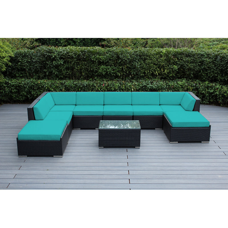 Etude Wicker 8 - Person Seating Group with Cushions - No Assembly, Supercrylic Turquoise