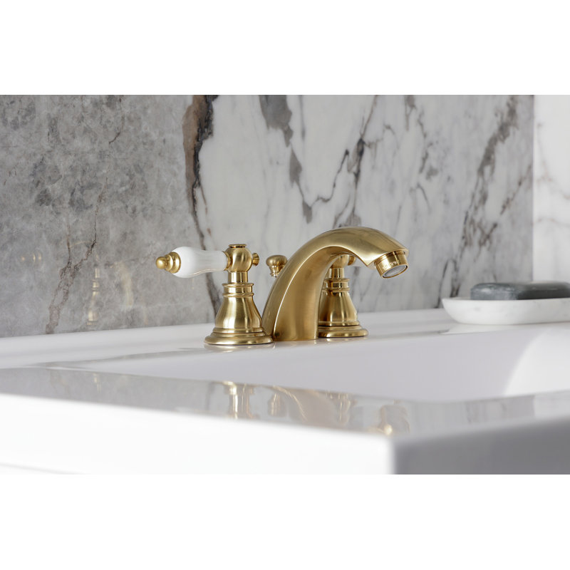 Kingston Brass American Patriot Two-Handle 3-Hole Deck Mount Mini-Widespread Bathroom Faucet with Plastic Pop-Up