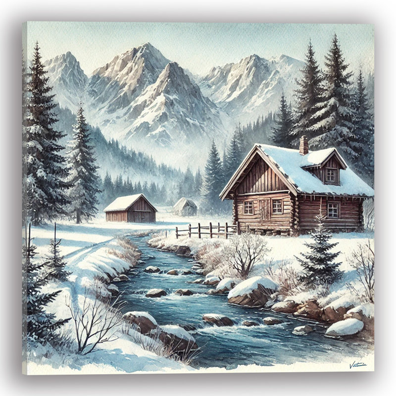 «Country Winter Serenity: Snow Covered Cabin and River», reproduction sur toile, H 20 po x l 20 po x P 1,5 po