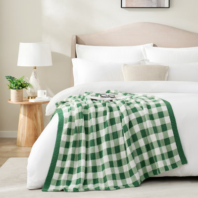 Reversible Plaid Knit Throw Blanket Soft Feather Yarn Blankets