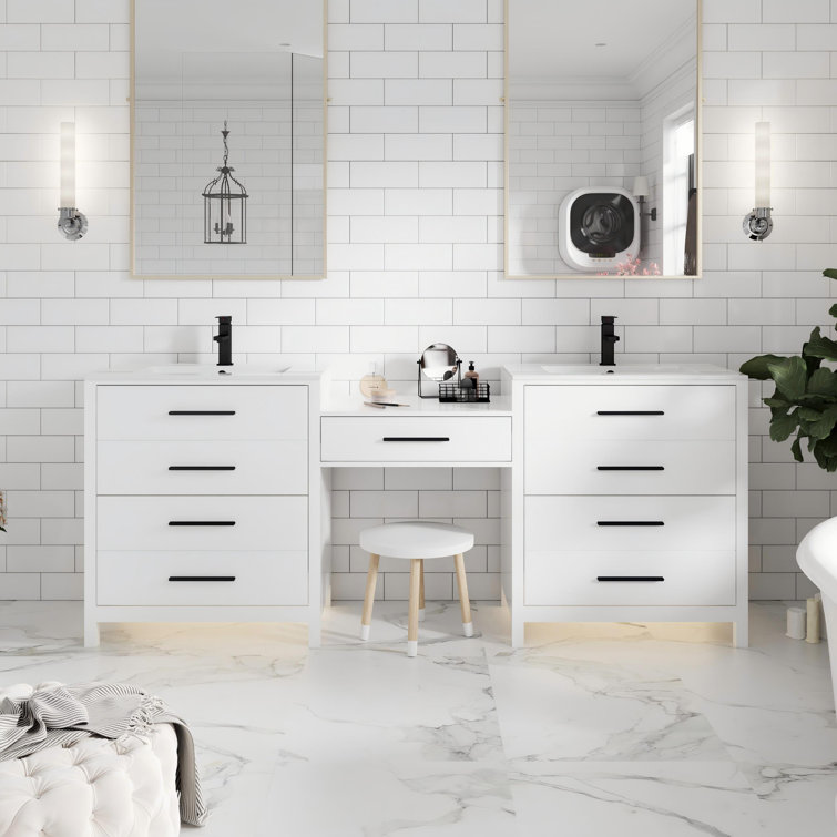 84" Double Bathroom Vanity with Wood Makeup Countertop Base Only, Sink not Included