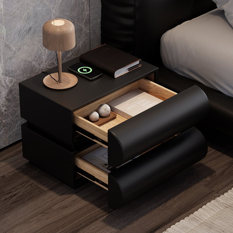 Humply Faux Leather 2-Drawer Smart Nightstand Modern Design with Wireless USB Type-C Charger Black, Black