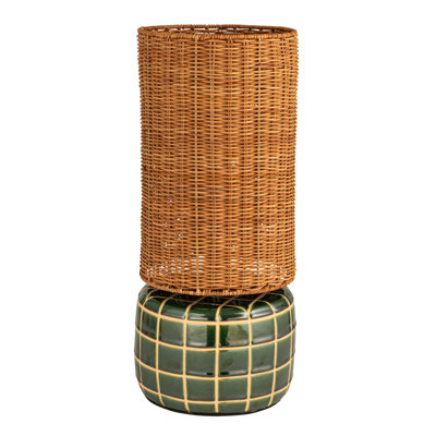 Ceramic Tiled Table Lamp With Hand-Woven Rattan Shade And Inline Switch