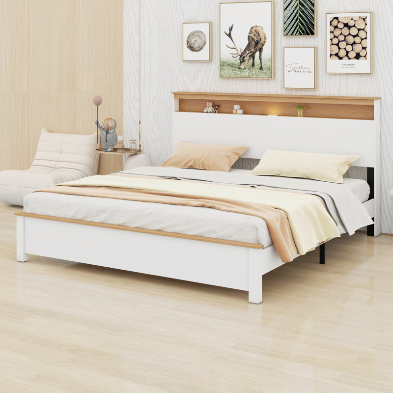 The Rustic Farmhouse Bed Frame With Storage Headboard Comes With A Built-In Charging Station, King